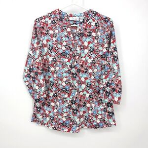 Denim & Co. Henley Top Red Floral 3/4 Sleeve Knit Womens‎ Small